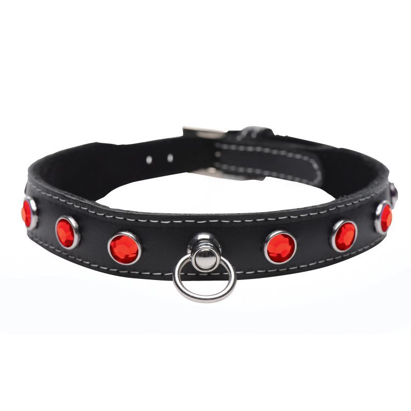 red rhinestone leather choker adorned with sparkling red rhinestones and O-Ring detail.