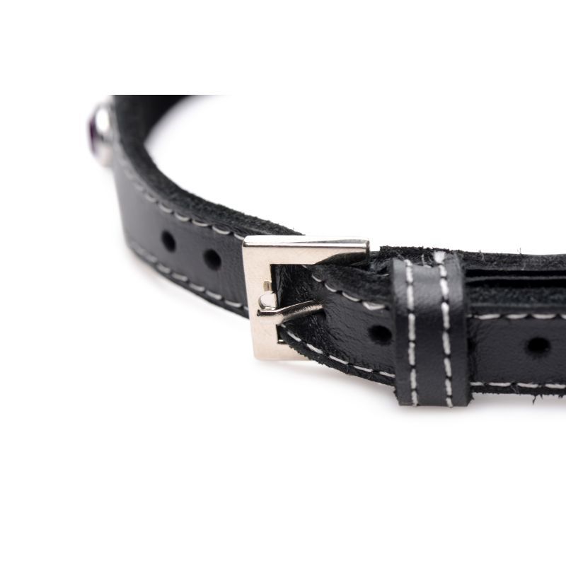 Close-up of Bling Vixen Leather Choker w Red Rhinestones buckle and adjustable closure for a perfect fit.