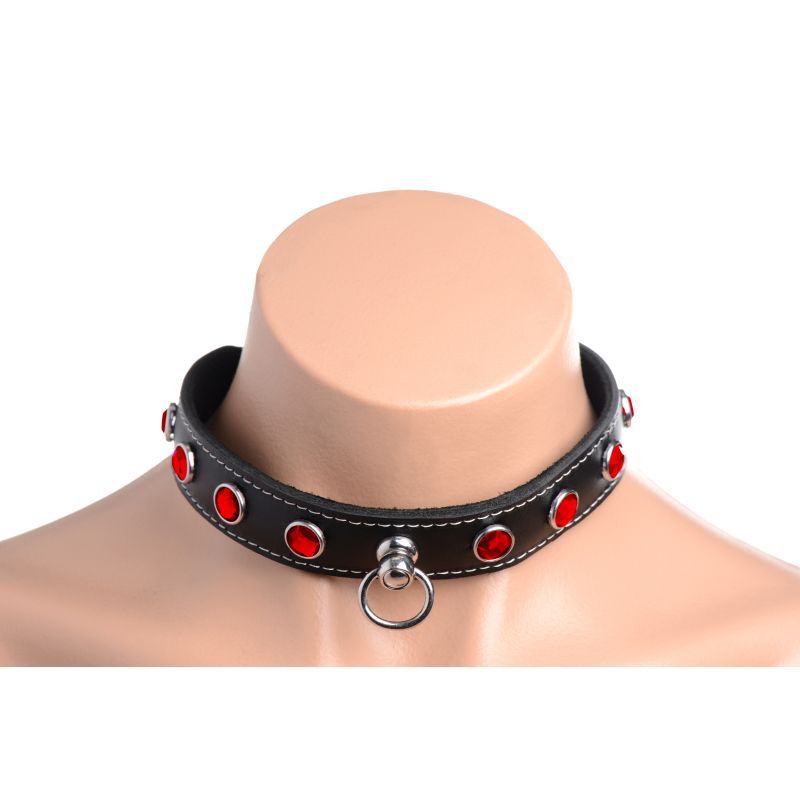 Bling Vixen Leather Choker w Red Rhinestones featuring a shiny O-Ring for accessories, perfect for pets or stylish wear.