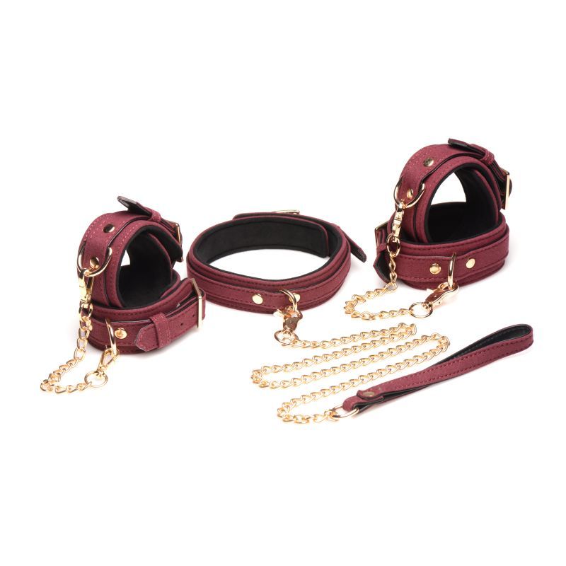 6 Pc Velvet Bondage Set Burgundy, featuring soft suede cuffs and collar with gold chains.
