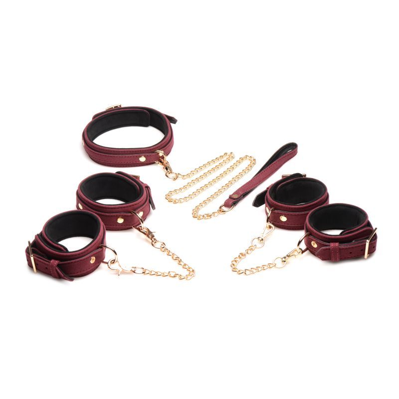 6 Pc Velvet Bondage Set Burgundy with soft suede cuffs, collar, and gold chains.