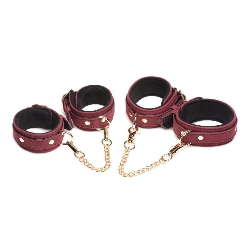 6 Pc Velvet Bondage Set Burgundy featuring suede cuffs and golden chains for stylish restraint.