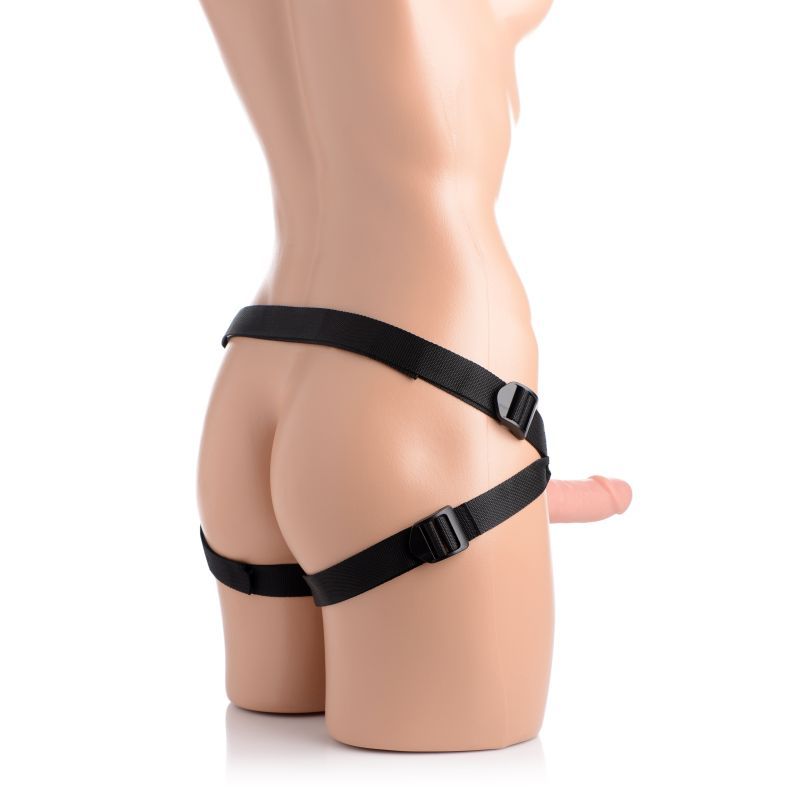 Seducer 7" silicone dildo harness set featured on a mannequin's body showcasing the adjustable straps and realistic design.