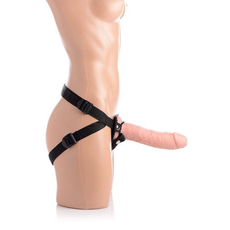 Brazen 8" silicone dildo with harness on a mannequin showcasing adjustable straps and realistic design.