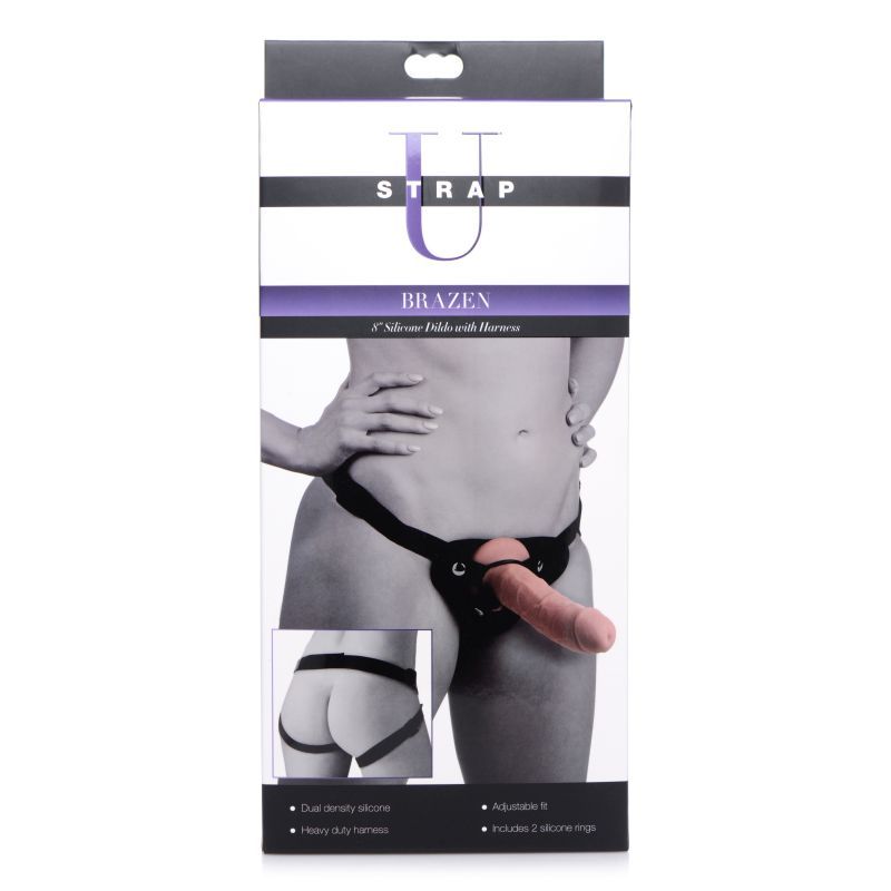 Brazen 8" Silicone Dildo with Harness, featuring adjustable straps and dual density silicone for ultimate pleasure.