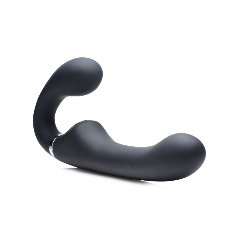 Mighty Rider 10X Strapless Strap-On Black w Remote shown at an angle against a white background.