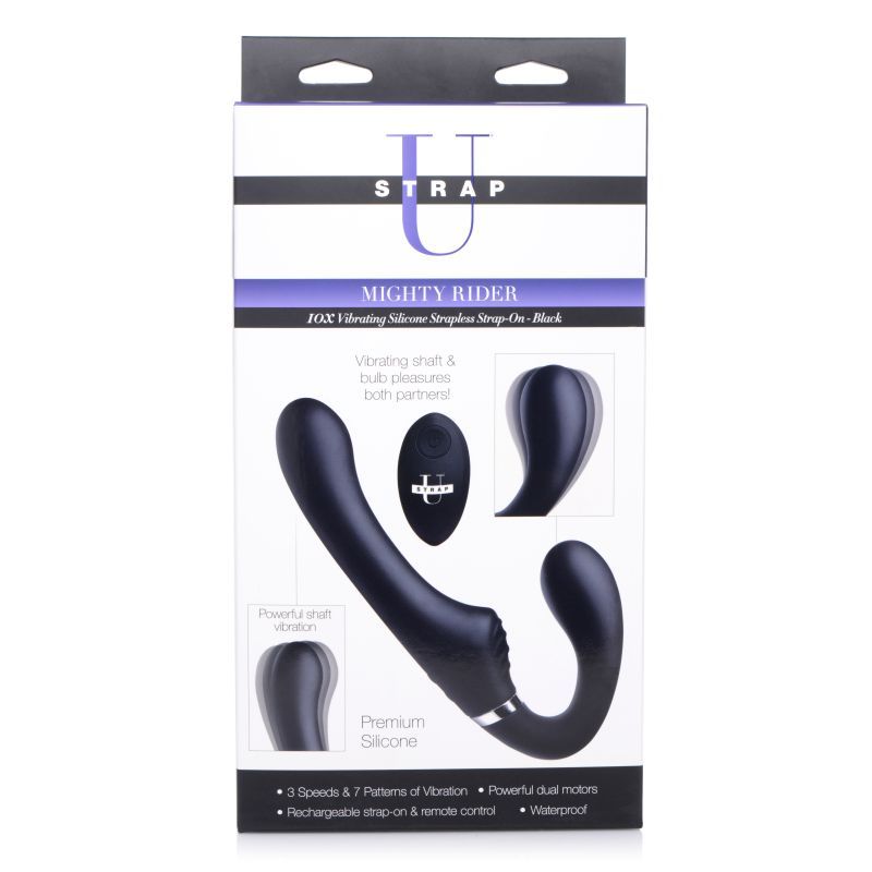 Mighty Rider 10X Strapless Strap-On Black w Remote packaging showcasing premium silicone design and powerful vibration features.