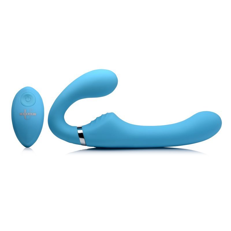 Mighty Rider 10X strapless strap-on with remote in blue color with wireless controller for versatile use.