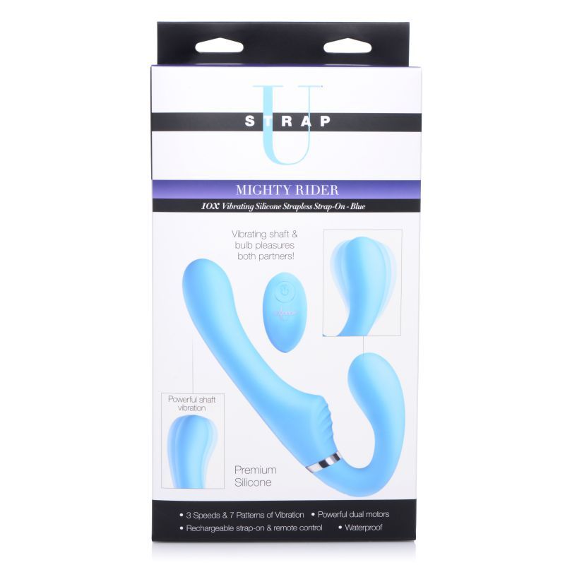 Mighty Rider 10X Strapless Strap-On Blue with Remote packaging showcasing its vibrant design and features.