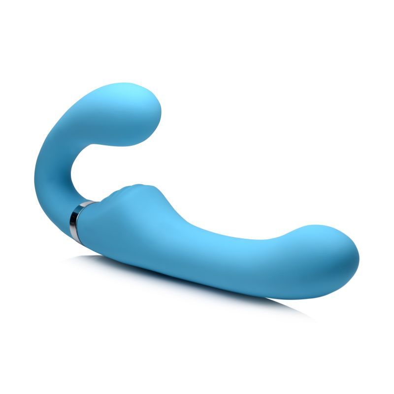 Mighty Rider 10X strapless strap-on with remote in blue, a double-ended toy for pleasure and powerful vibrations.