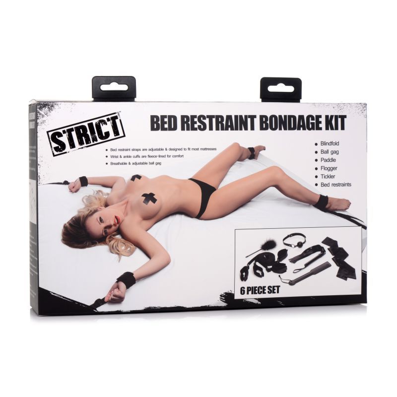 Bed Restraint Bondage Kit Black with accessories for BDSM play including paddle, flogger, and restraints.
