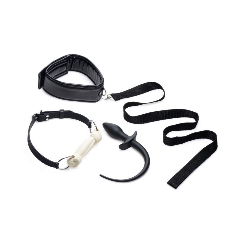 Puppy Play Set incl Gag, Plug and Collar Black features silicone gag, flexible tail plug, and adjustable collar for puppy play.
