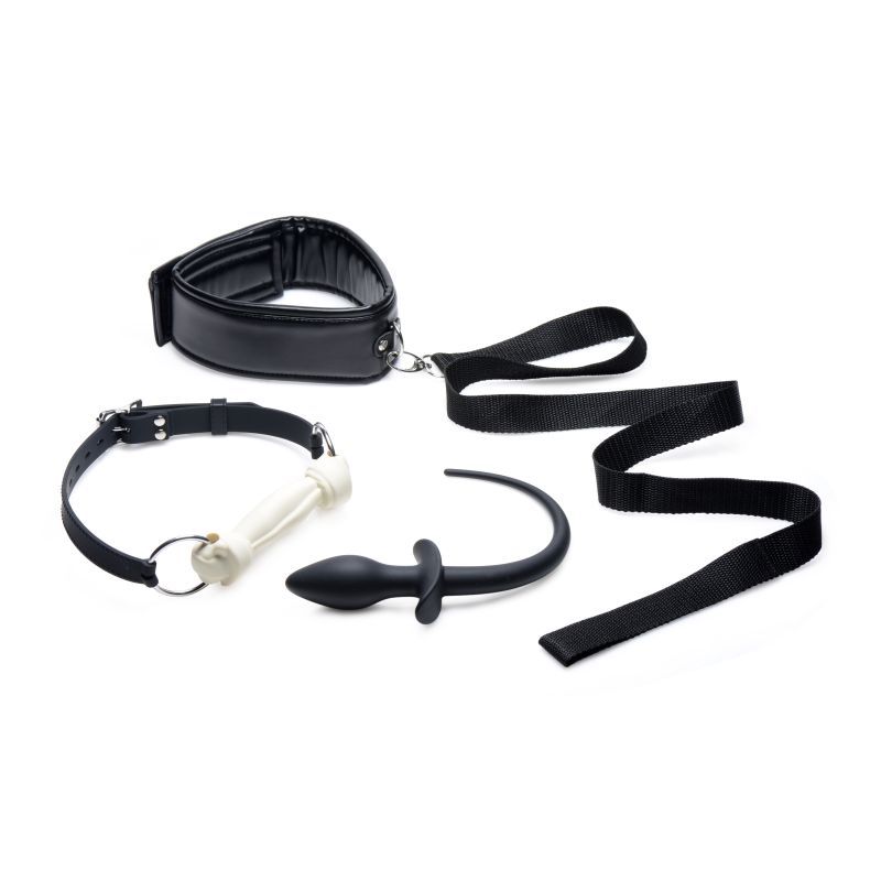 Puppy Play Set incl Gag, Plug and Collar Black featuring silicone bone gag, flexible tail butt plug, and adjustable collar.