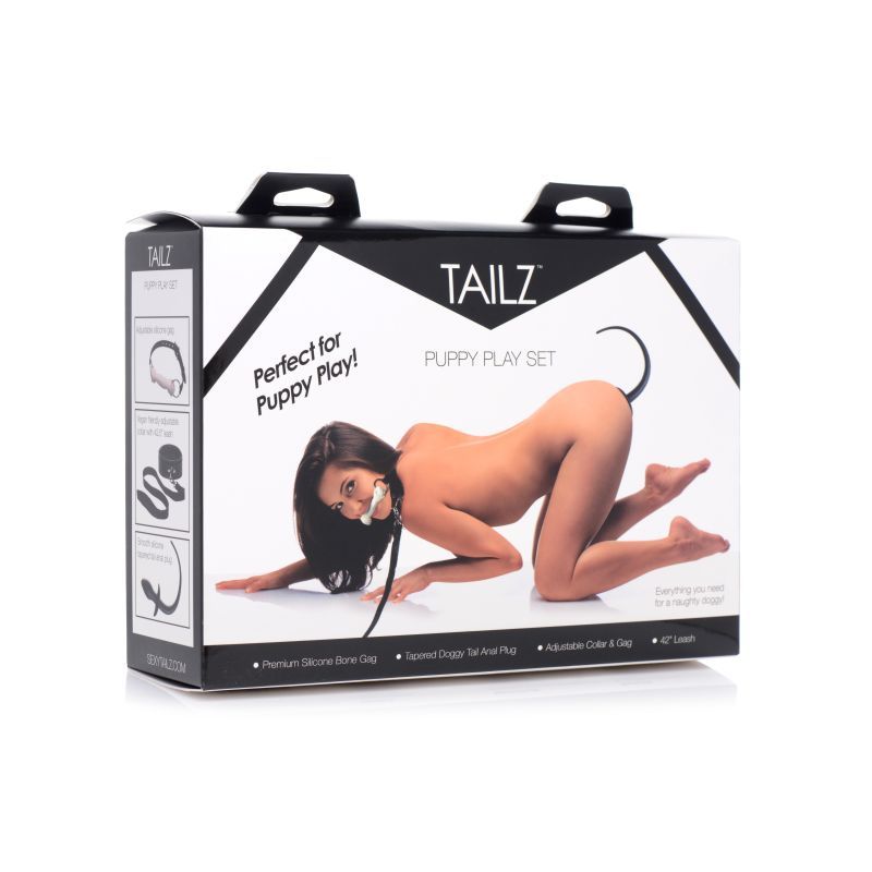 Puppy Play Set incl Gag, Plug and Collar Black packaging showcasing a model and product details for puppy play.