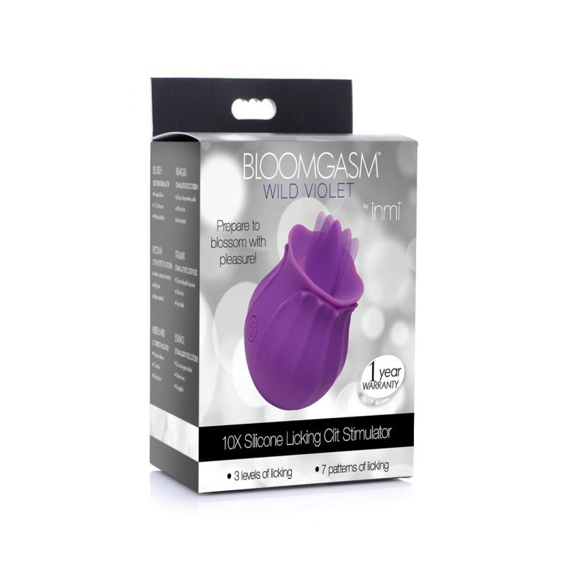 Bloomgasm Wild Violet 10X Silicone Licking Clit Stimulator packaging with a violet design and features description.