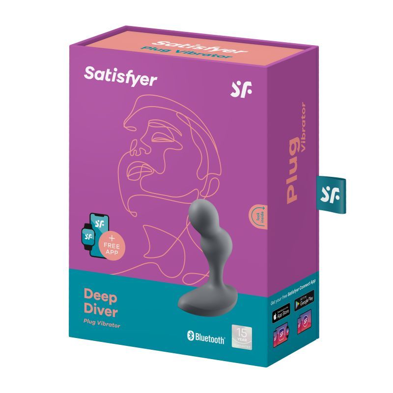 Satisfyer Deep Diver app compatible vibrating anal plug packaging showcases innovative design and features.