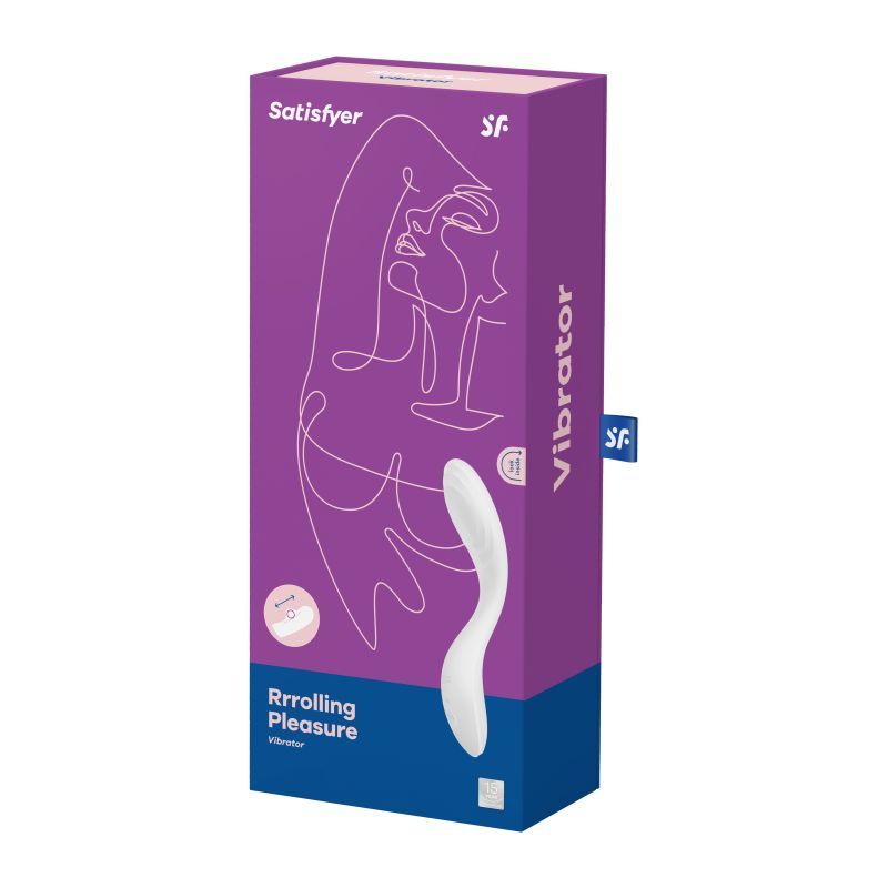 Satisfyer Rrrolling Pleasure G-Spot Vibrator White packaging showcasing elegant design and features, G-spot vibrator with rolling ball.