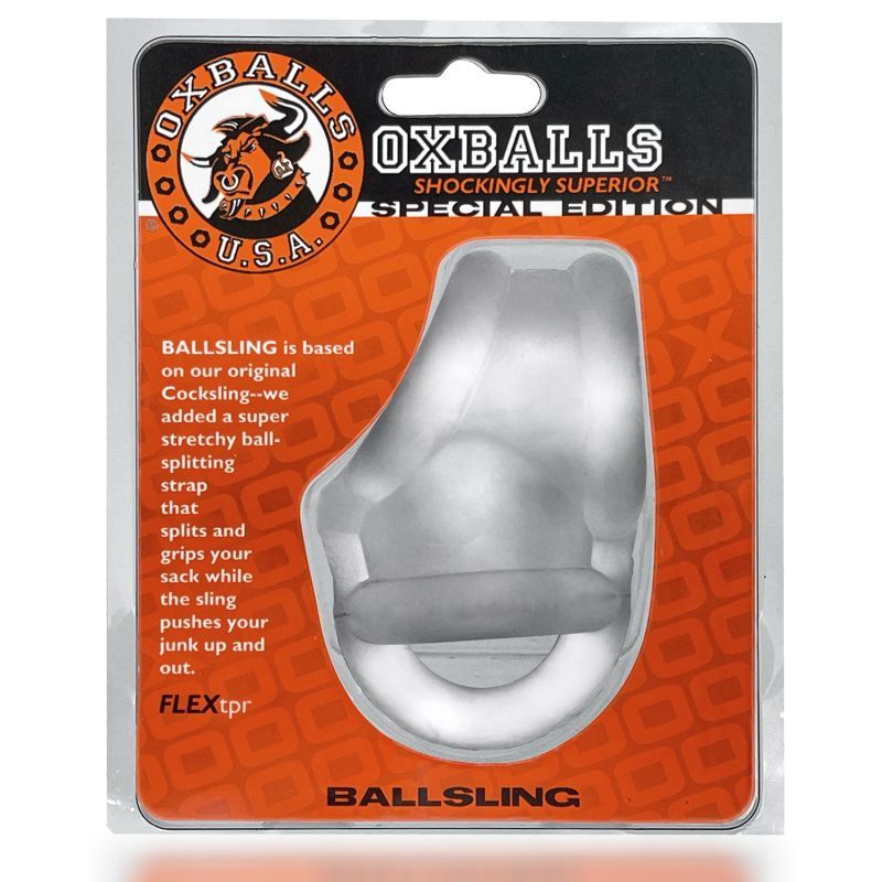 Clear ice ballsling cocksling packaging showcasing a super stretchy ball-splitting strap for enhanced performance.