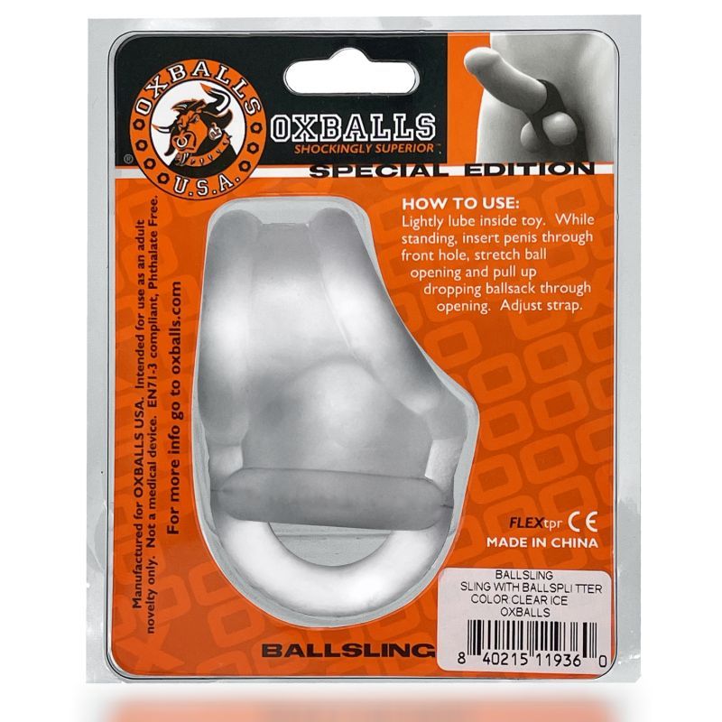 Ballsling Ball Split Sling Clear Ice packaging showing the unique design and usage instructions for enhanced intimate experiences.