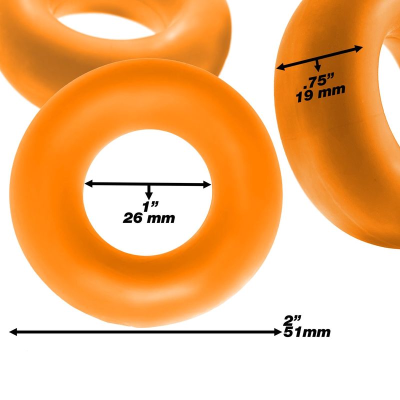 Close-up image of Fat Willy jumbo cockrings with measurements, highlighting the soft rubbery flexible design.