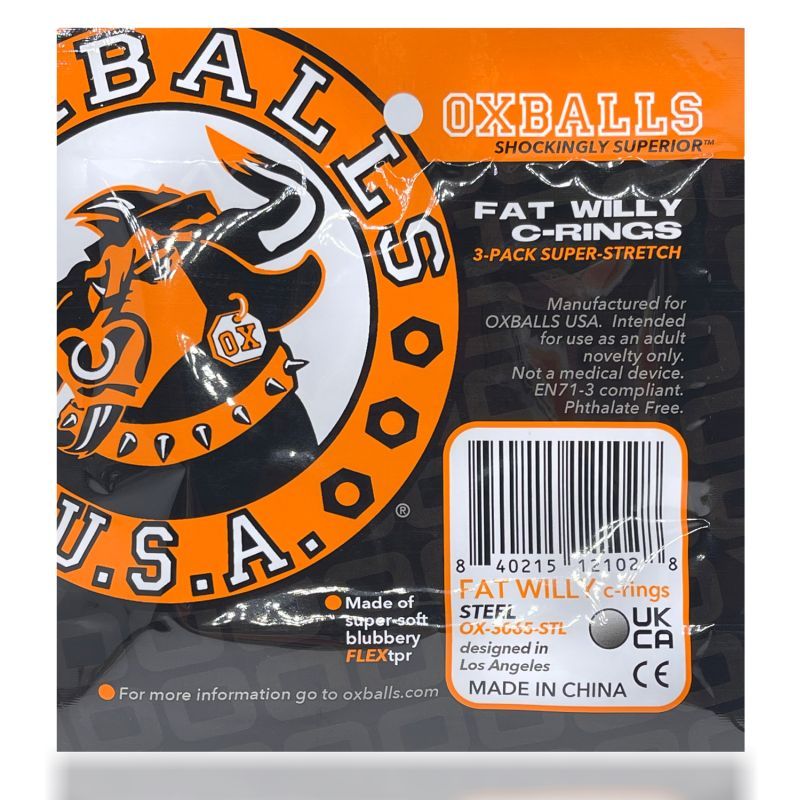 Packaging for Fat Willy 3 Pack Jumbo Cockrings, showcasing its super-soft and stretchy design, from OXBALLS USA.
