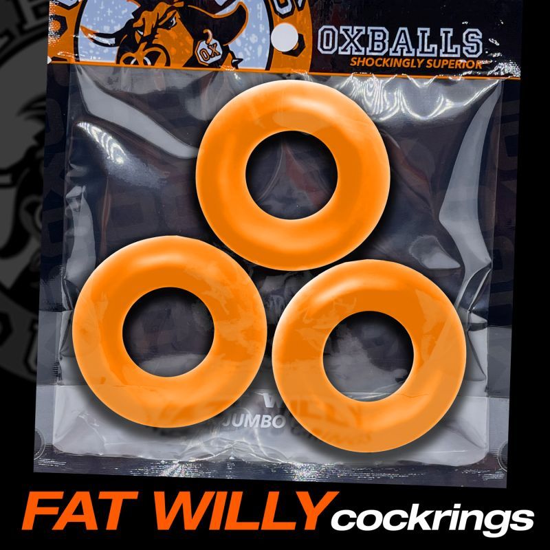 Fat Willy 3 Pc Jumbo Cockrings Orange on display packaging, perfect for enhancing intimate experiences.