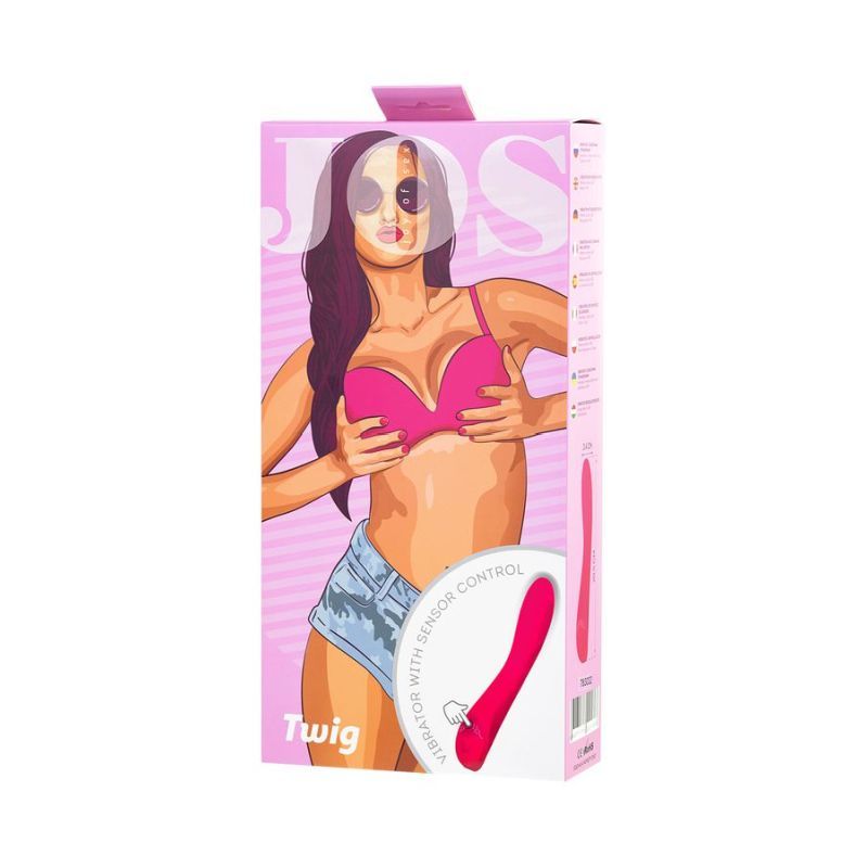 JOS Twig Slimline Vibrator packaging featuring a model with pink lingerie and the product. G-spot silicone vibrator.