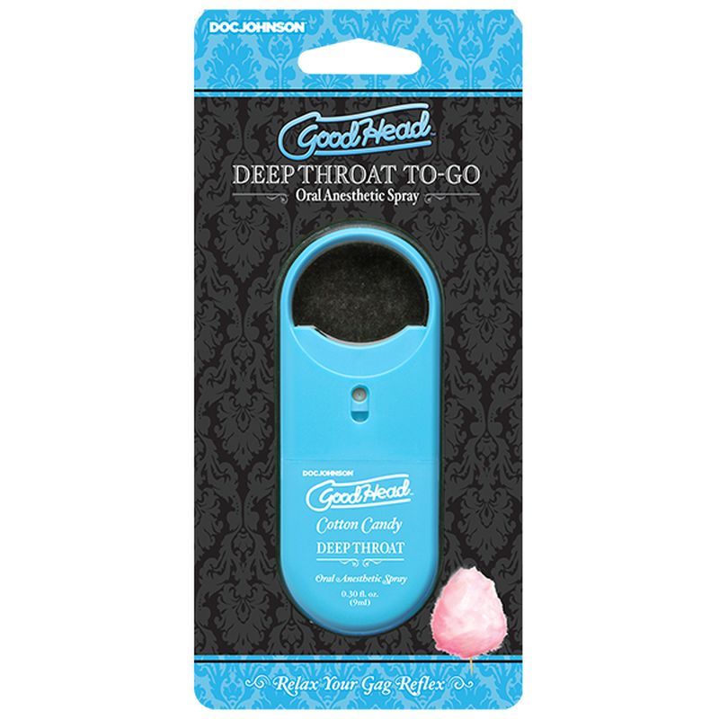 GoodHead To-Go Deep Throat Spray Cotton Candy 9ml packaging with black and blue design and cotton candy image.