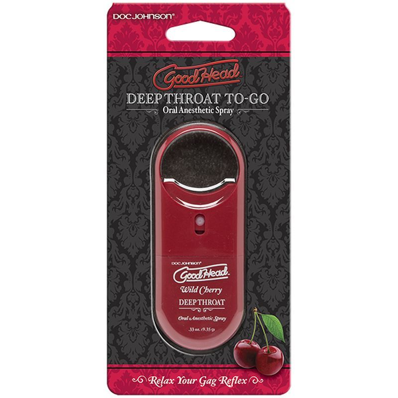GoodHead To-Go Deep Throat Spray Wild Cherry 9ml packaging with instructions and images of cherries.