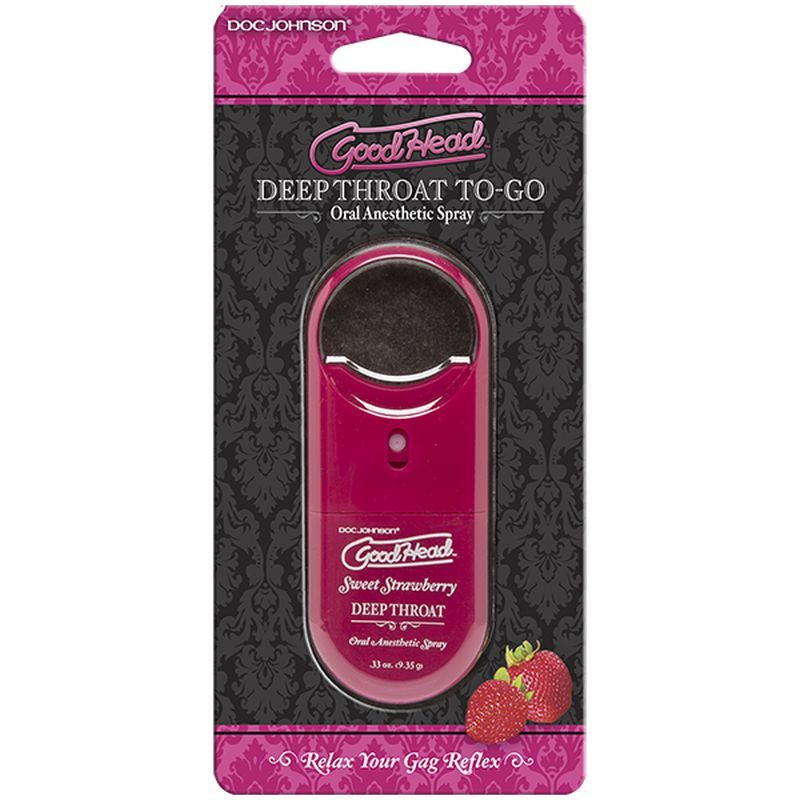 GoodHead To-Go Deep Throat Spray Sweet Strawberry 9ml packaging with strawberries, designed to relax the gag reflex.
