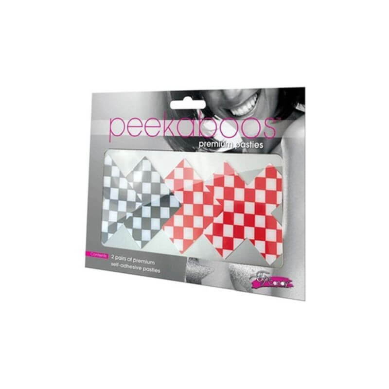 peekaboos pasties collection - premium self-adhesive pasties in red and gray checkered design.