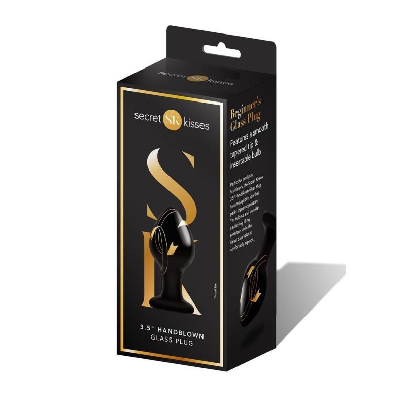 Secret Kisses 3.5in handblown glass anal plug packaging showcasing design and features for beginners.