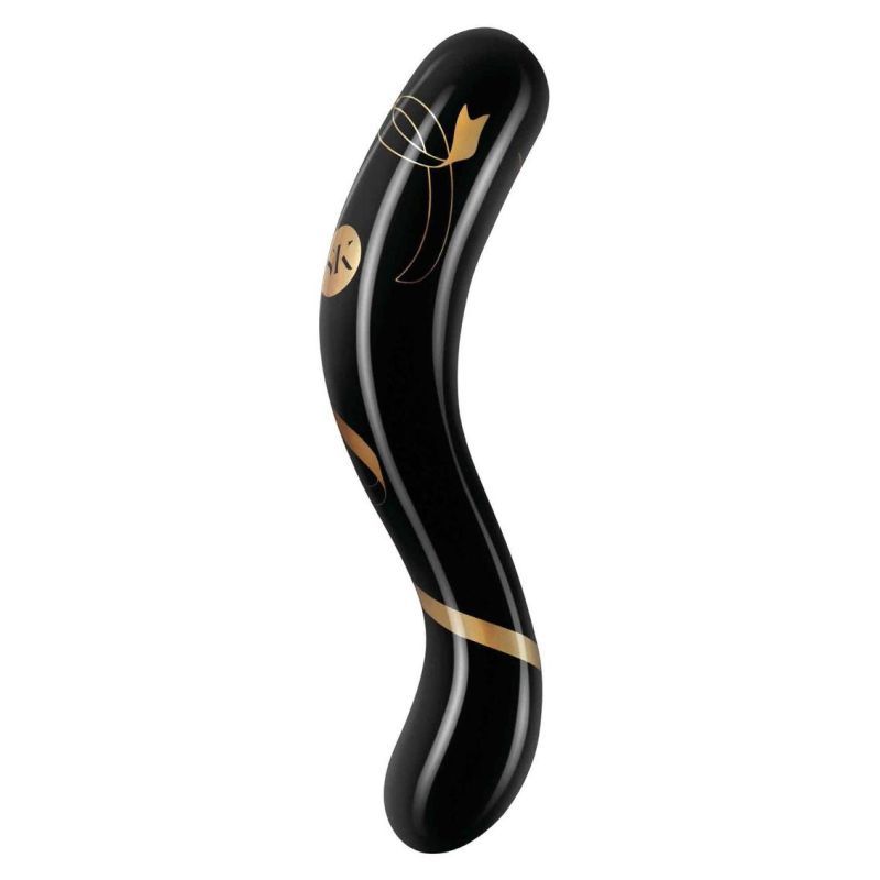 Secret Kisses Handblown Double Ended Dildo 7in in black with gold accents, designed for intimate couples play.