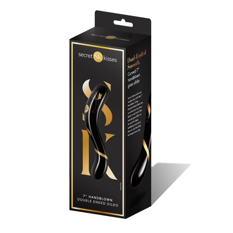 Secret Kisses Handblown Double Ended Dildo 7in packaging showcasing its elegant design and features.