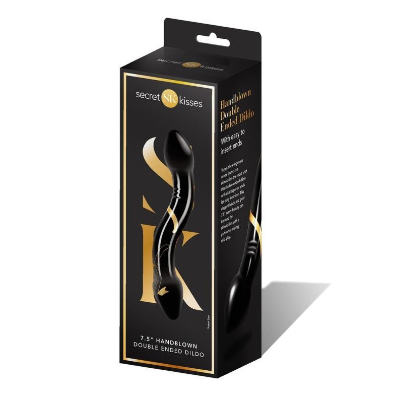 Secret Kisses Handblown Double Ended Dildo 7.5in packaging featuring elegant design for adult play.