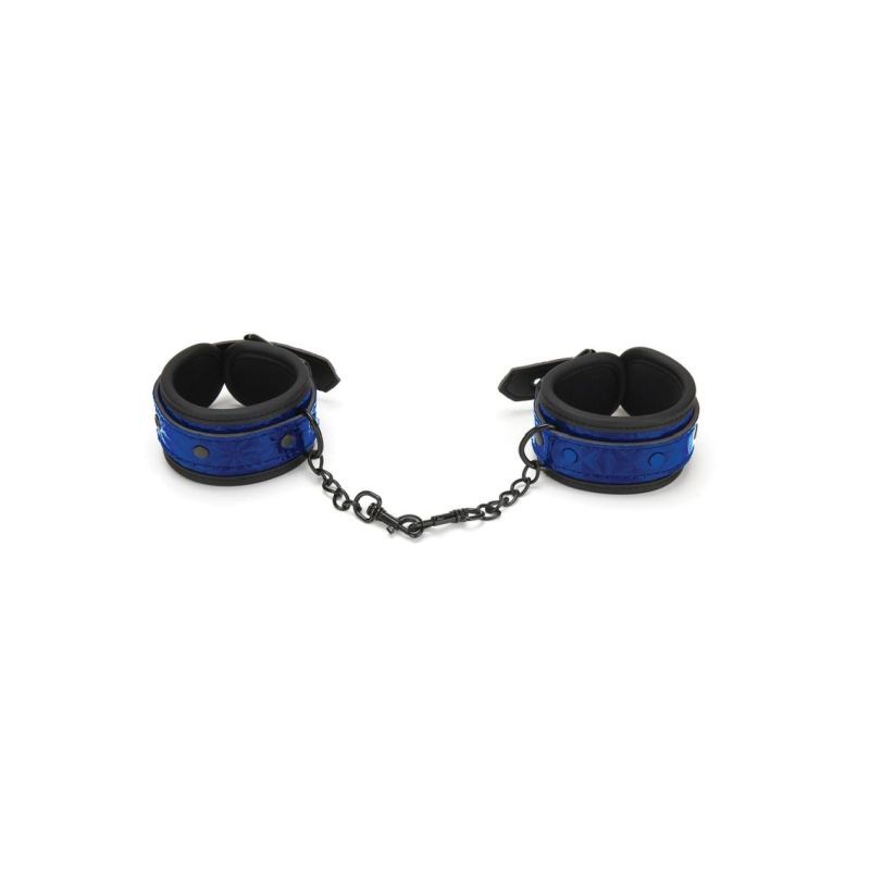 Blue whip smart diamond bondage cuffs connected by a chain for secure and comfortable restraint.