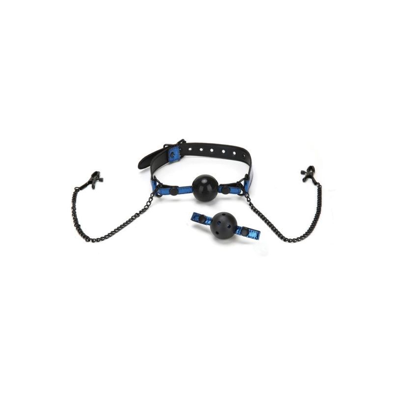 Whip Smart Diamond Ball Gag with Nipple Clips Blue, featuring adjustable nipple clips and a ball gag for sensation.