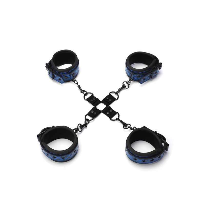 Whip Smart Diamond Hogtie Restraint Blue with four cuffs and D-ring for bondage play.