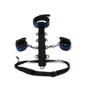 Diamond body restraint set featuring padded cuffs and choker strap in blue and black for bondage play.