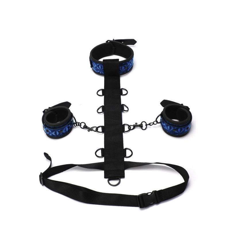 Diamond body restraint set featuring padded cuffs and choker strap in blue and black for bondage play.
