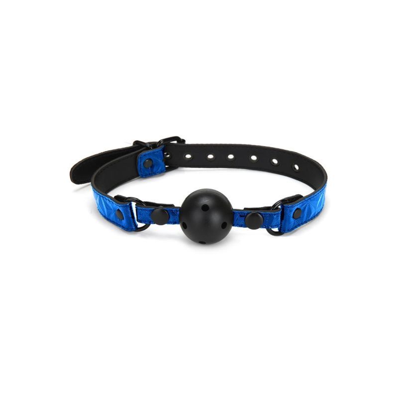 Diamond ball gag for bondage in blue with a black ball and adjustable strap for easy wear and comfort.