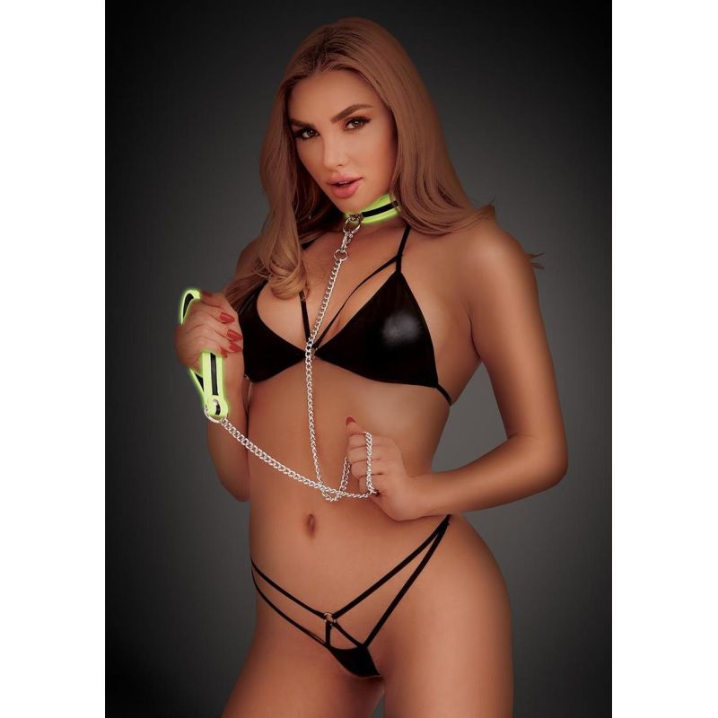 Whip Smart glow in the dark collar and leash displayed on model wearing black lingerie