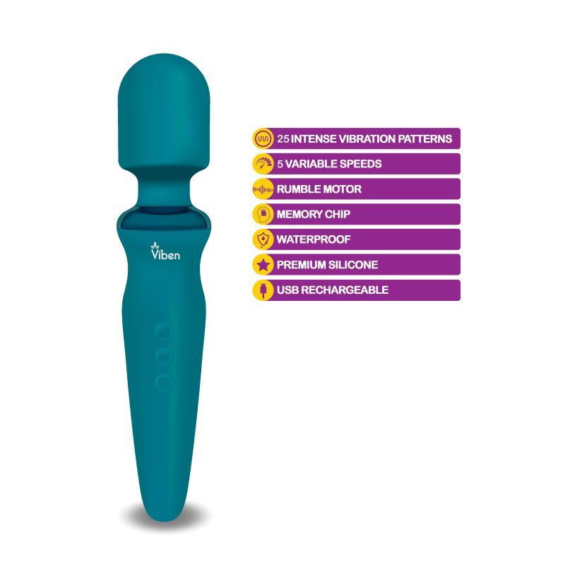 Viben Fierce Rechargeable Wand Massager Ocean with 25 intense vibration patterns and 5 variable speeds in ocean color.