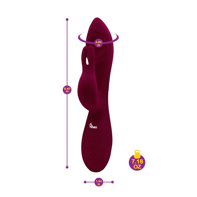 Viben Pzazz G spot thumping rabbit vibrator dimensions and details, featuring a sleek design and silicone material.