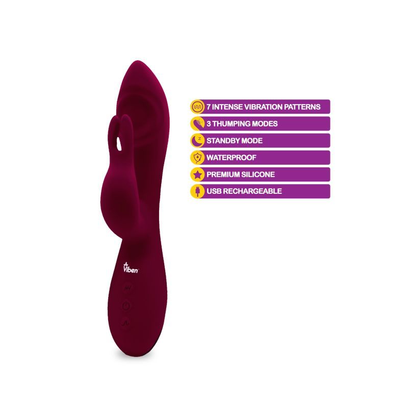 Viben Pzazz Rechargeable G spot thumping rabbit vibrator with 7 vibration patterns and waterproof design.