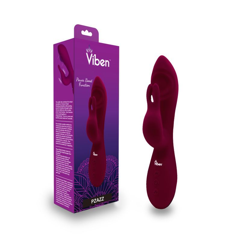 Viben Pzazz rechargeable G spot thumping rabbit vibrator in ruby color with packaging.