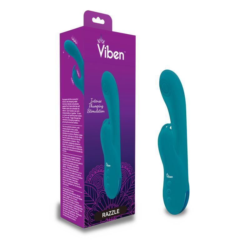 Viben Razzle Rechargeable Thumping Rabbit Ocean packaging with a teal rabbit vibrator for enhanced G spot stimulation.