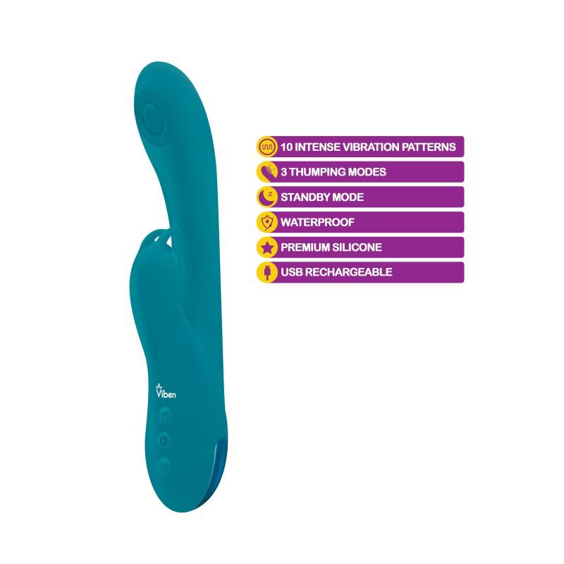 Viben Razzle Rechargeable Thumping Rabbit Ocean features 10 vibration patterns, thumping modes, waterproof, premium silicone, USB rechargeable.