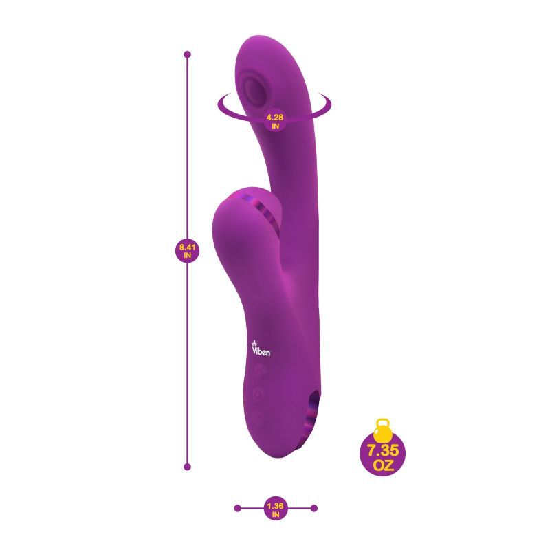 Viben Dazzle rechargeable thumping rabbit vibrator dimensions and features in purple color, showcasing its silicone design.