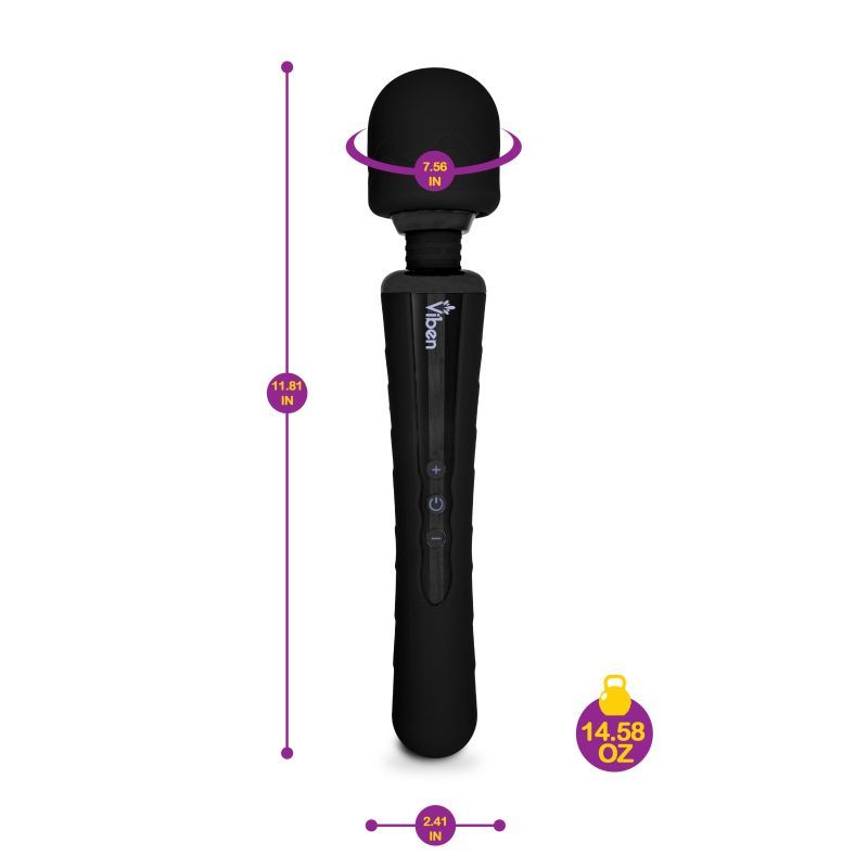 Viben Obsession Rechargeable Wand Massager Black dimensions and weight illustration for adult entertainment.